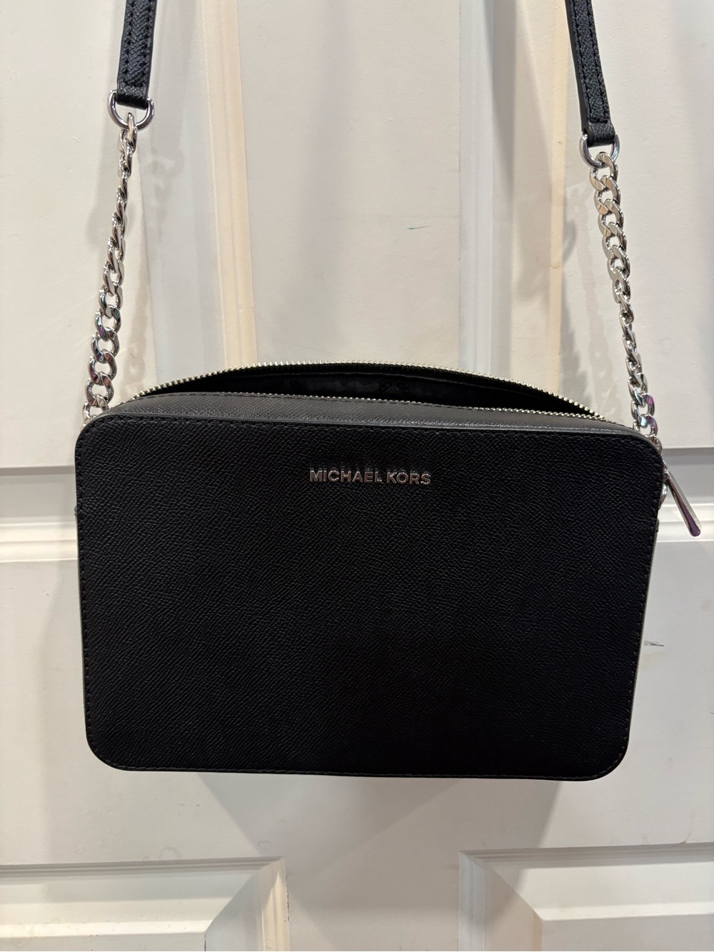 Michael Kors Black Leather Crossbody with Silver Chain